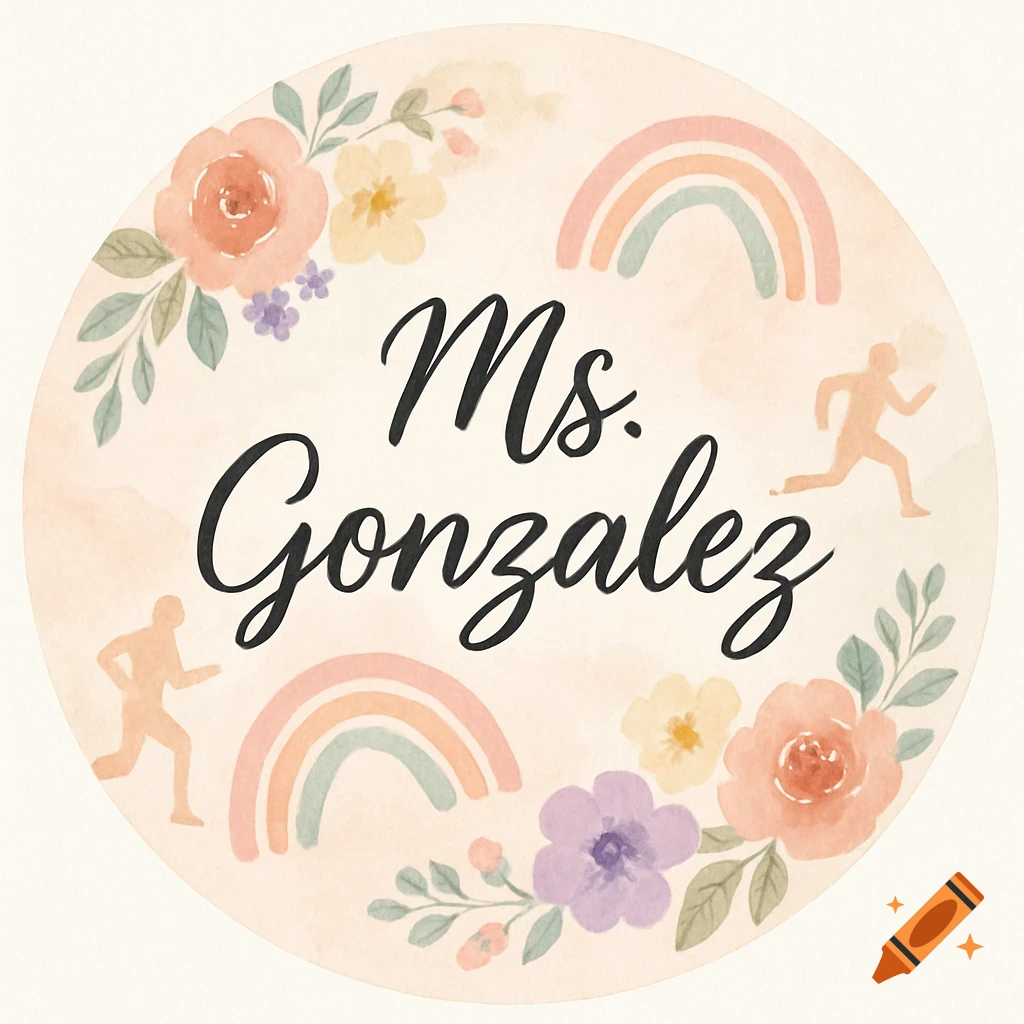 Circular watercolor profile picture with 'Ms. Gonzalez' in the center, surrounded by pastel flowers, rainbows, and two running figures.