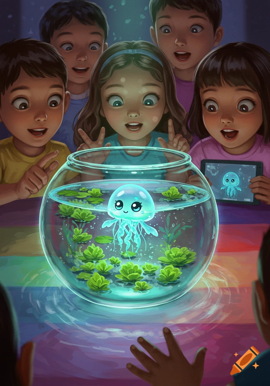 Five diverse children look excitedly at a glowing, cute, cartoon jellyfish in a round fishbowl with duckweed on a colorful table. One child holds a tablet showing the jellyfish.