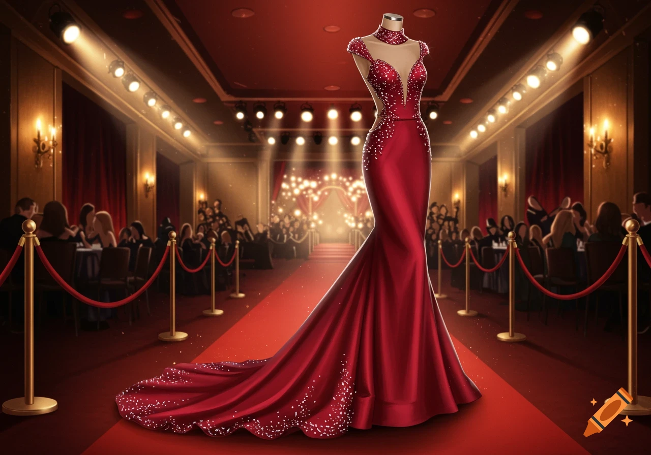 A dazzling red sequined gown on a mannequin standing on a red carpet with spotlights and blurred crowd in the background.
