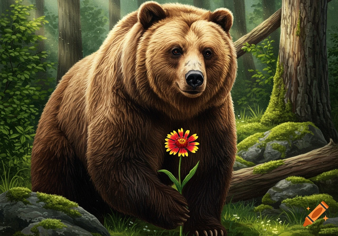 A realistic drawing of a large brown bear holding a red and yellow flower in a lush green forest.