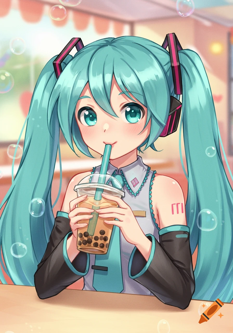 Anime girl Hatsune Miku with blue twin-tails and headphones drinks boba tea, surrounded by bubbles.