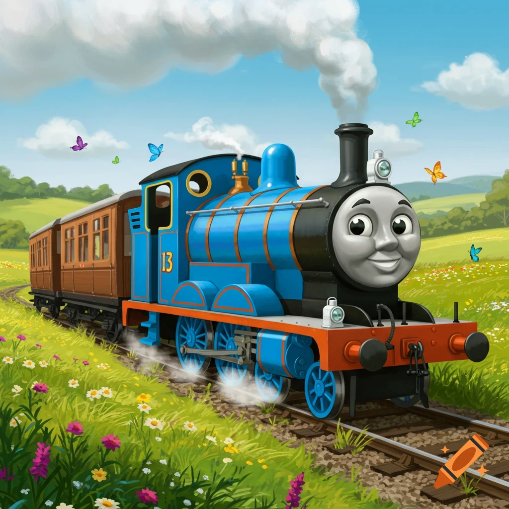 A friendly blue cartoon train with a face on its front and the number 13 on its side travels through a green, flower-filled countryside under a blue sky.
