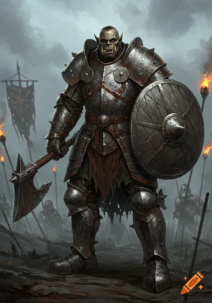 A grey-skinned orc warrior in spiked plate armor stands on a battlefield holding a large axe and shield, with torches in the background.