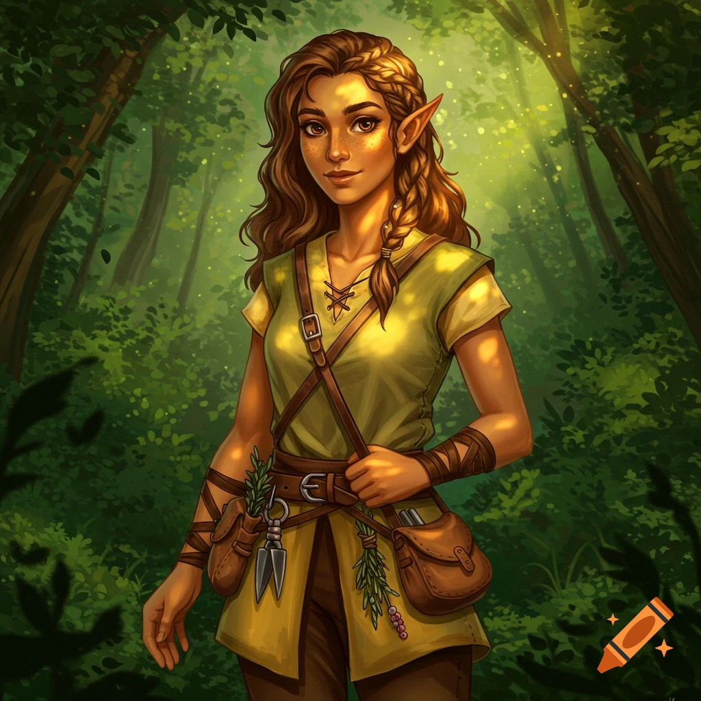 A brown-haired elf with pointed ears and tan skin in earthy clothes stands in a sunlit forest, holding pouches. Digital painting.