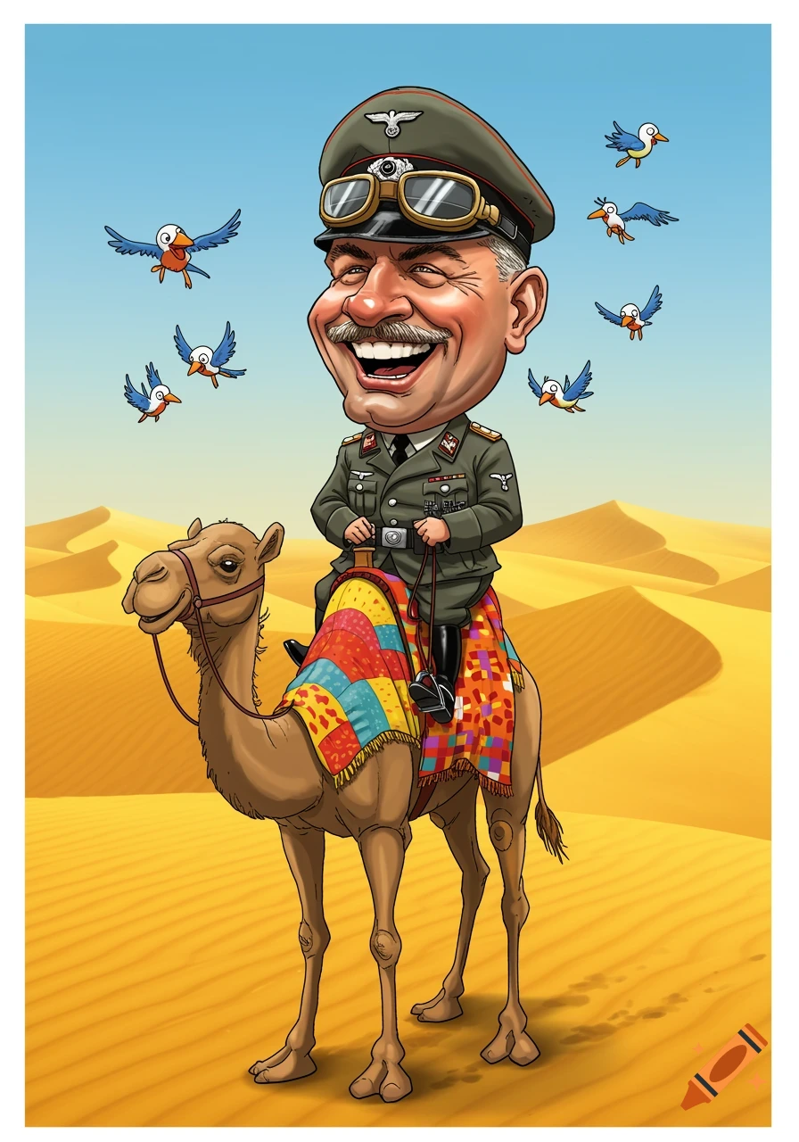 A laughing caricature of Erwin Rommel in military uniform riding a camel through a sunny desert, surrounded by cartoon birds.