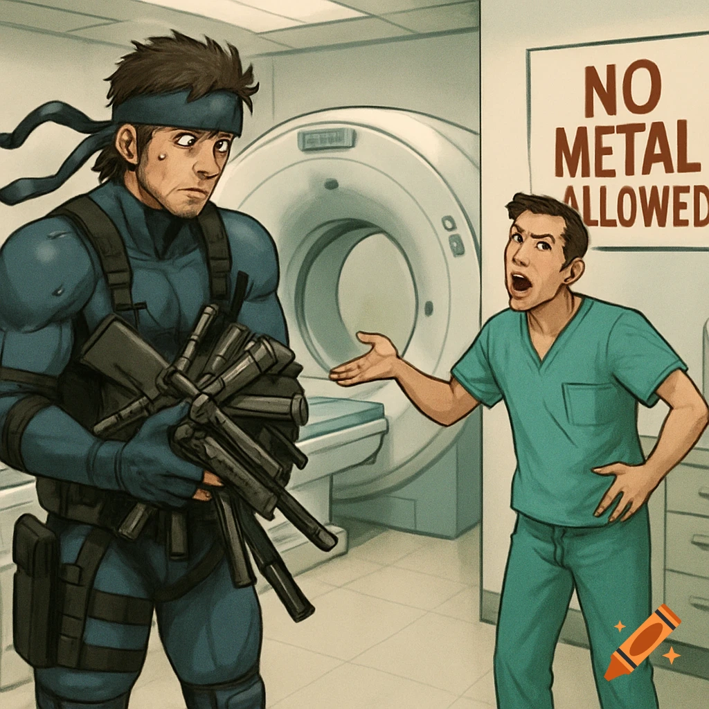 Stylized digital art of a stealth operative in an MRI room, holding many weapons, as a shouting technician points at a 'No Metal Allowed' sign.