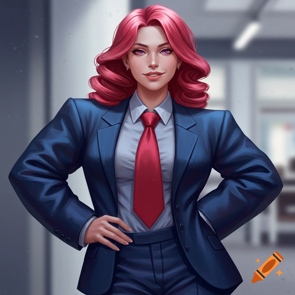 Digital art portrait of a woman with pink hair in a blue business suit and red tie, standing with hands on hips.