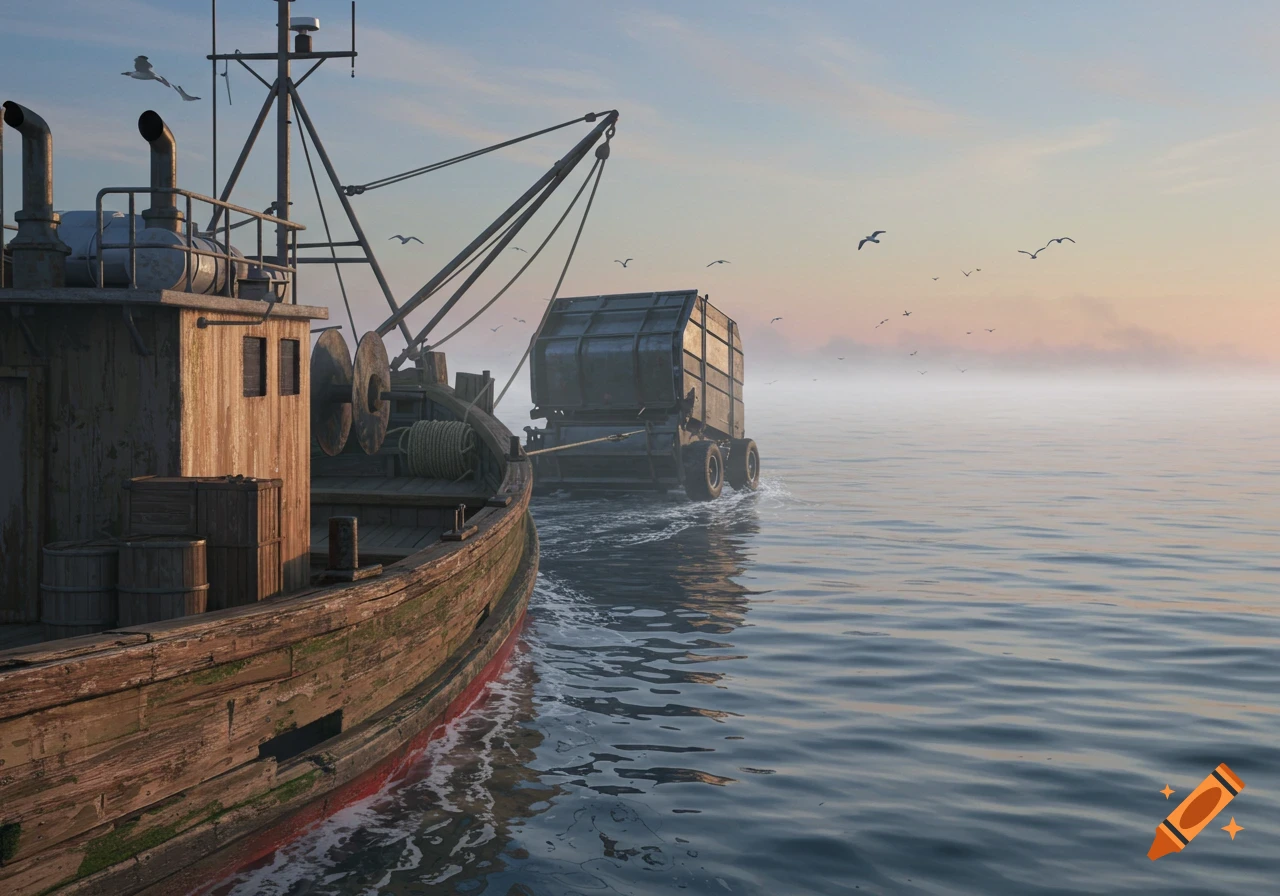 An old wooden fishing boat pulls a large rectangular container across misty water at dawn, with seagulls flying above.