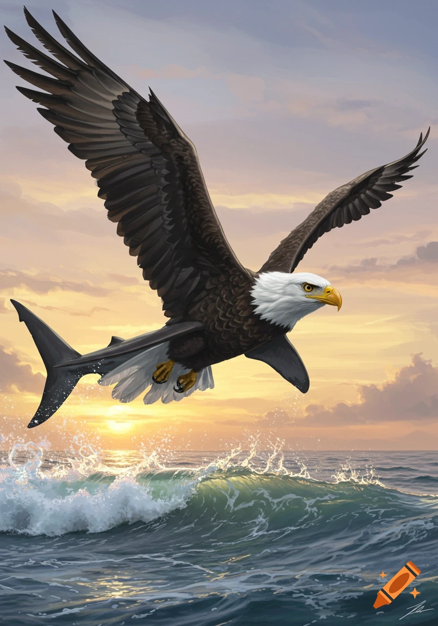 A majestic eagle-shark hybrid creature flies over a sunlit ocean, its shark tail emerging from splashing waves at sunset.