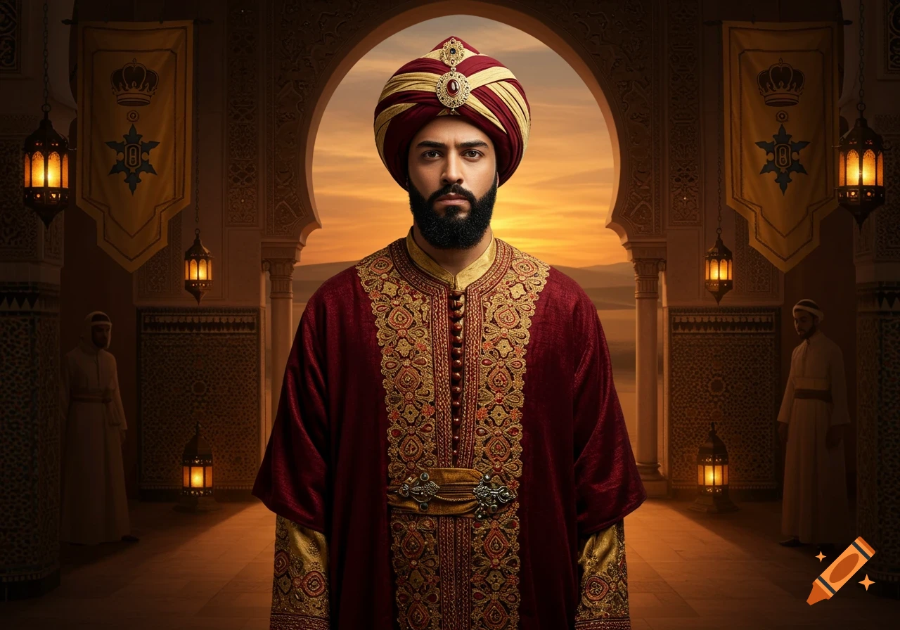 A man with a beard and turban wearing elaborate red and gold robes stands in a palace with archways and lanterns at sunset.