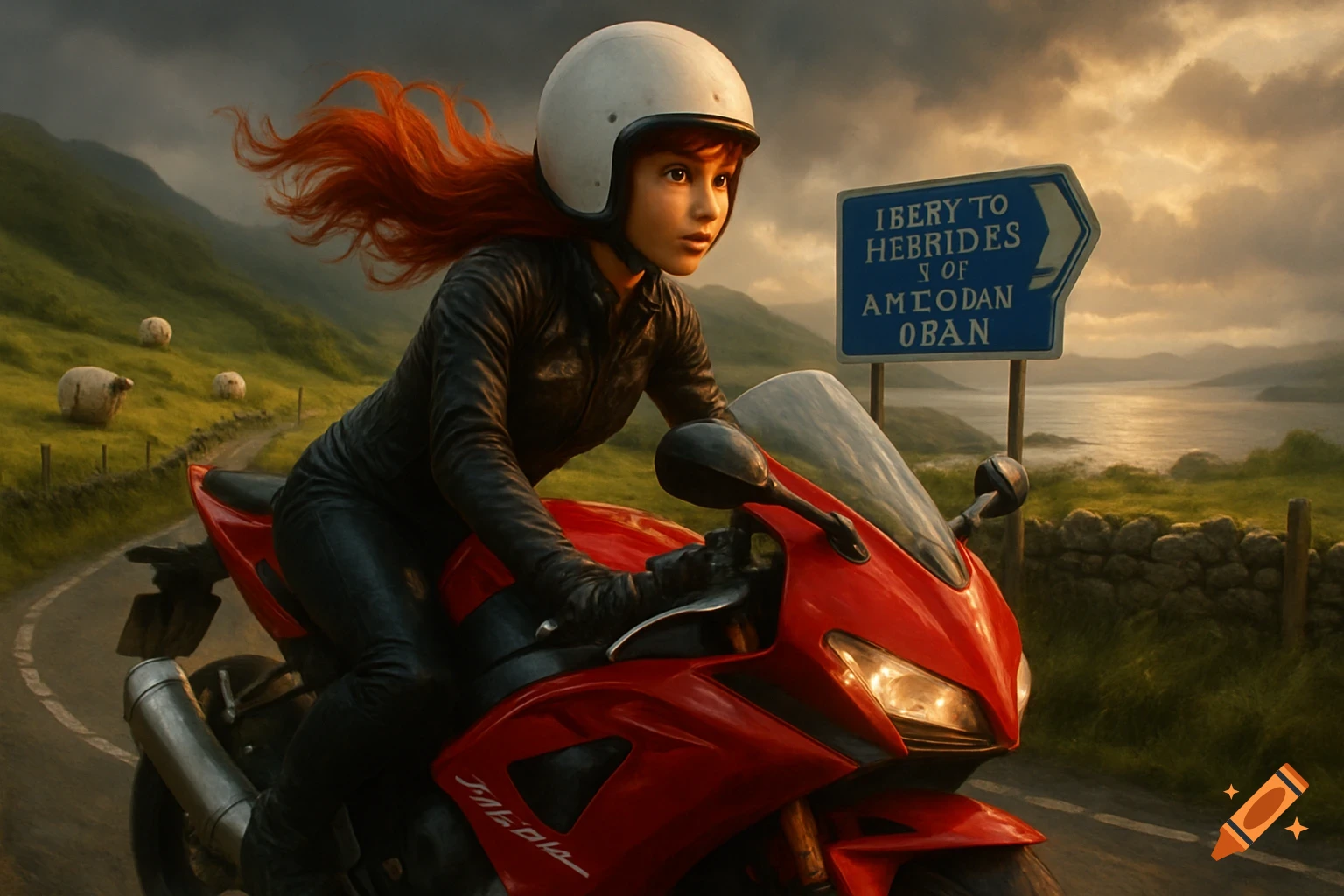 A red-haired person in a white helmet and leather jacket rides a red motorcycle on a winding road through green, hilly Scottish landscape with a blue road sign and a loch in the background under a moody sky.