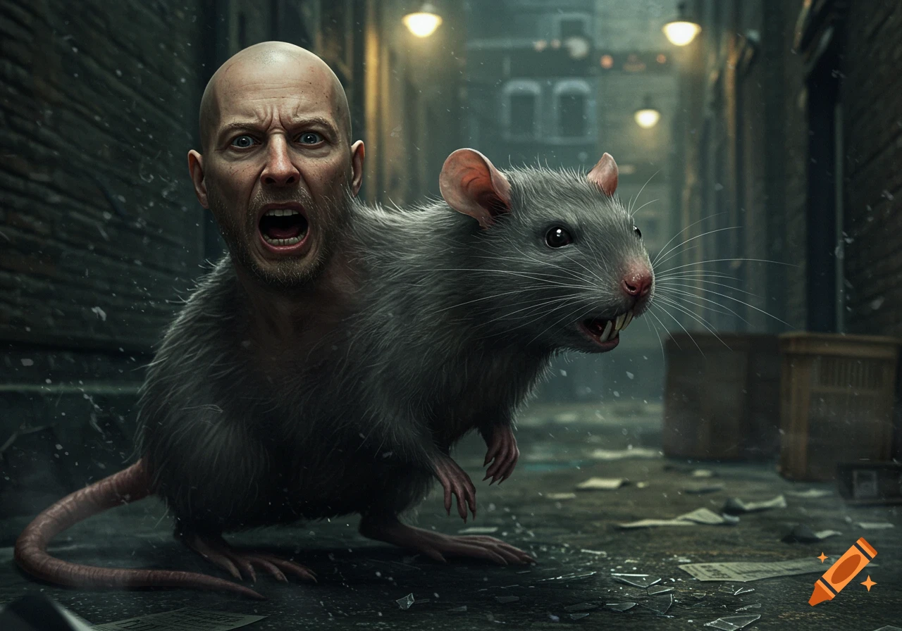 A photorealistic image of a screaming bald man's head fused onto the body of a large rat, in a dark, grimy alleyway.