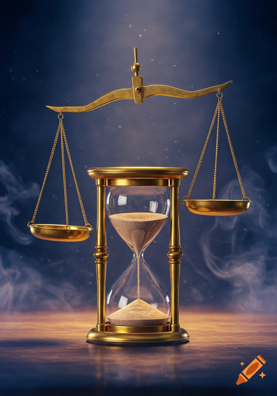 A golden balance scale is positioned above a golden hourglass, with sand actively flowing through it, set against a dark, smoky background.