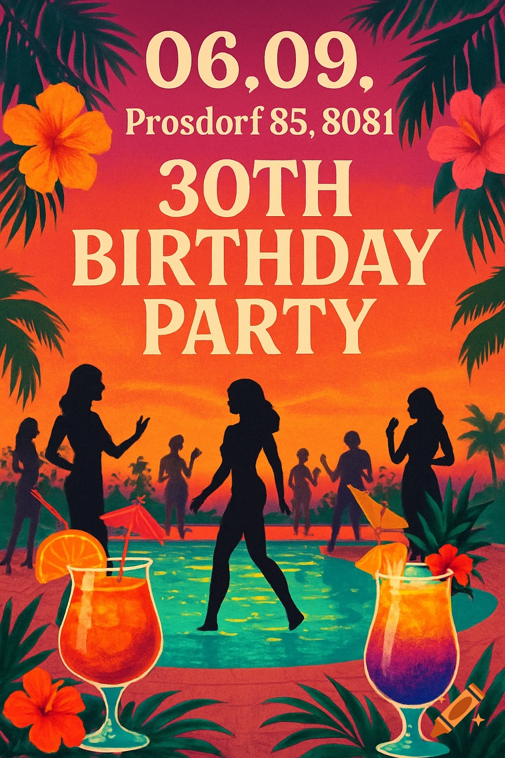 A vibrant, retro-style poster for a 30th Birthday Pool Party, featuring silhouetted guests, tropical foliage, and cocktails.