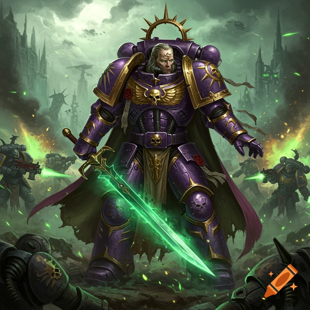 A powerful space marine in purple and gold armor with a cape, holding a glowing green sword, on a ruined battlefield.