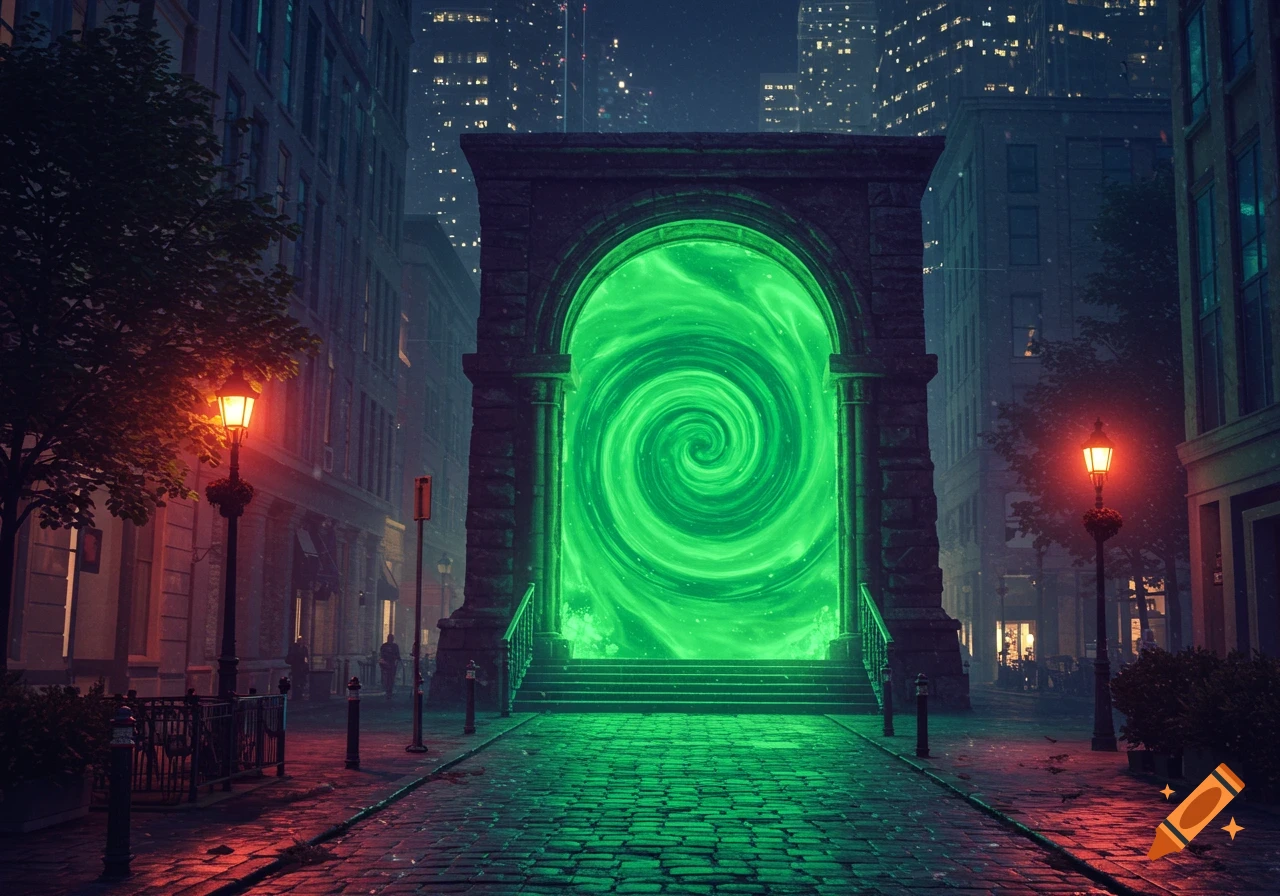 A vibrant green swirling archway portal stands on a cobblestone street at night, illuminated by street lamps, with city buildings in the background.