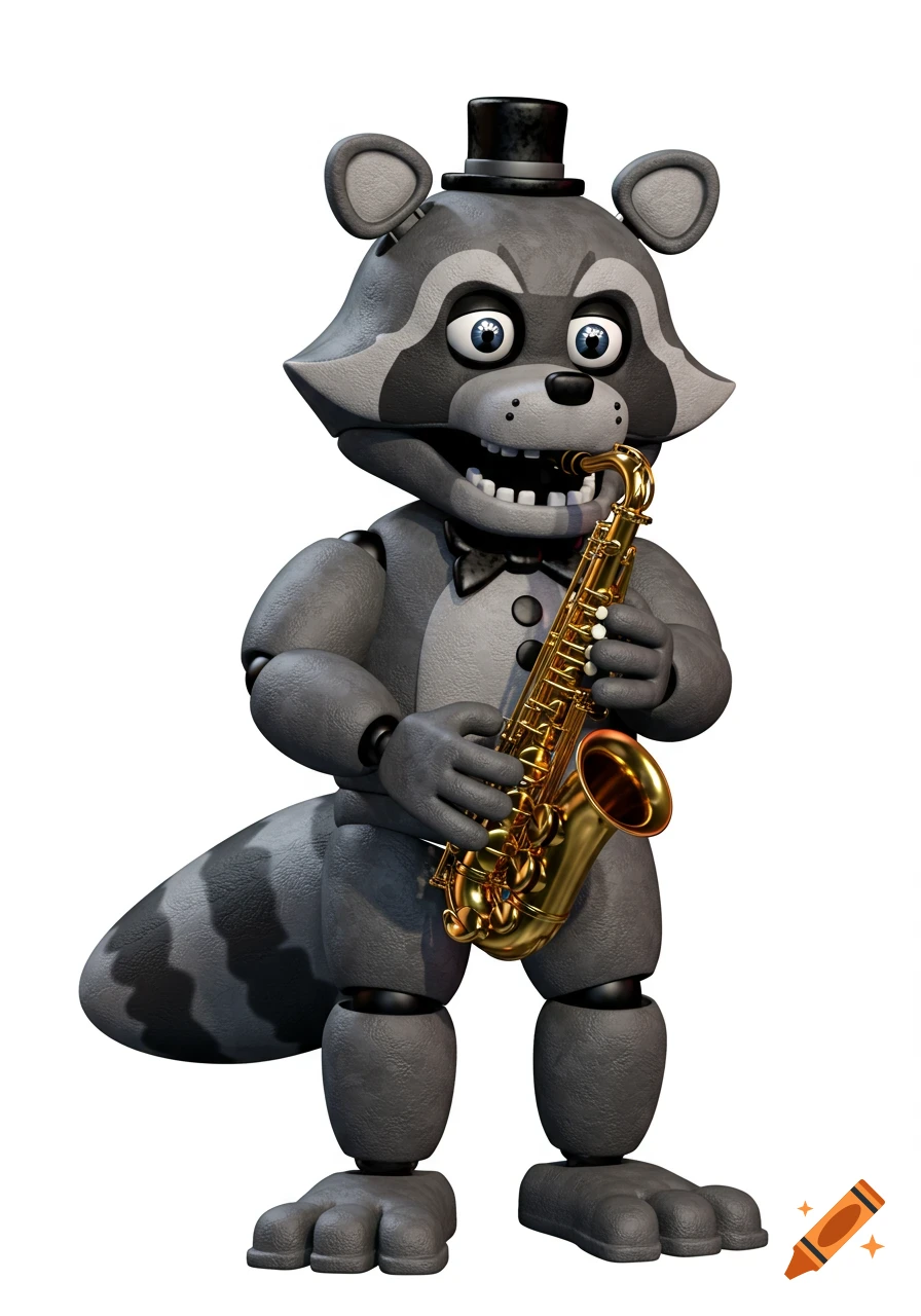 A full-body 3D render of a gray animatronic raccoon with a black top hat and bow tie, holding a golden saxophone, against a white background.
