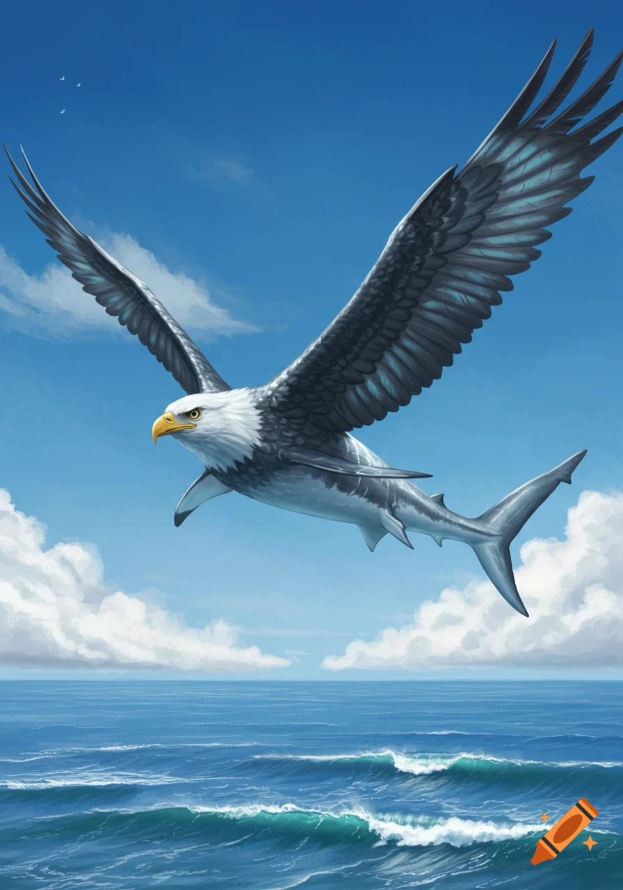 A majestic shark-eagle hybrid flies through a clear blue sky above a vast ocean with waves.