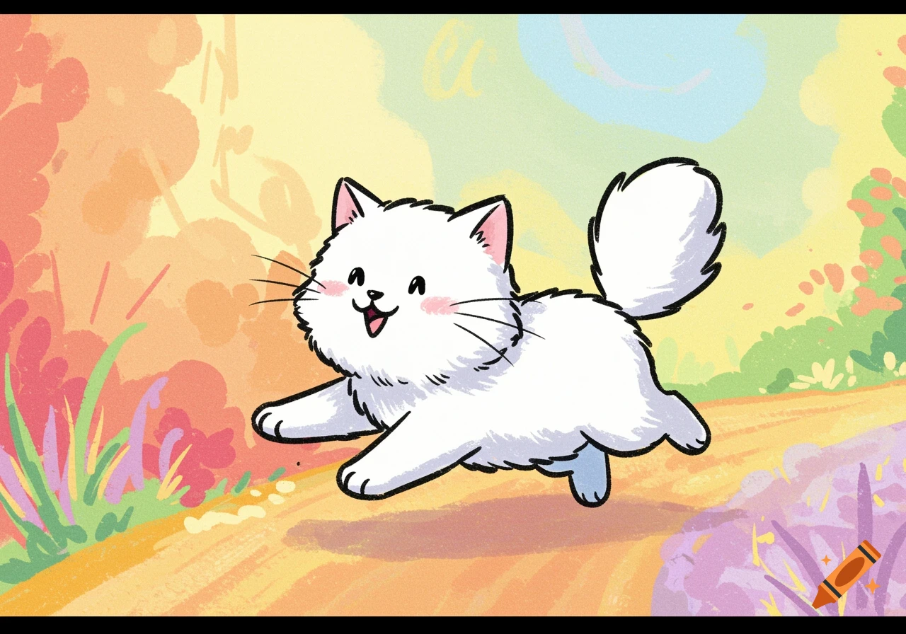 A cheerful, fluffy white cartoon kitten runs happily on a colorful path, illustrated with crayon sketches and bright colors.