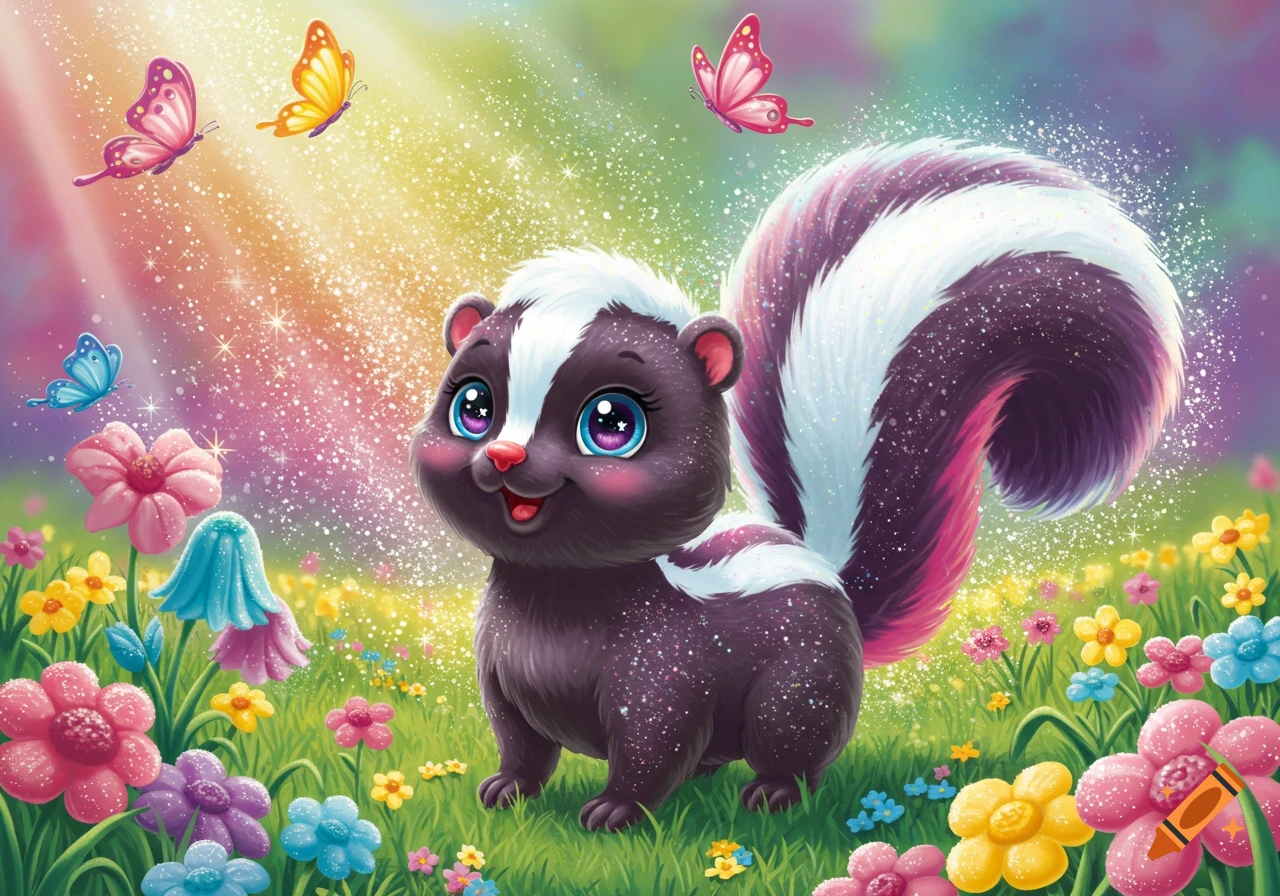 A cute, cartoon skunk with large, sparkling eyes stands in a vibrant, glitter-filled field of colorful flowers with butterflies, in a Lisa Frank style.