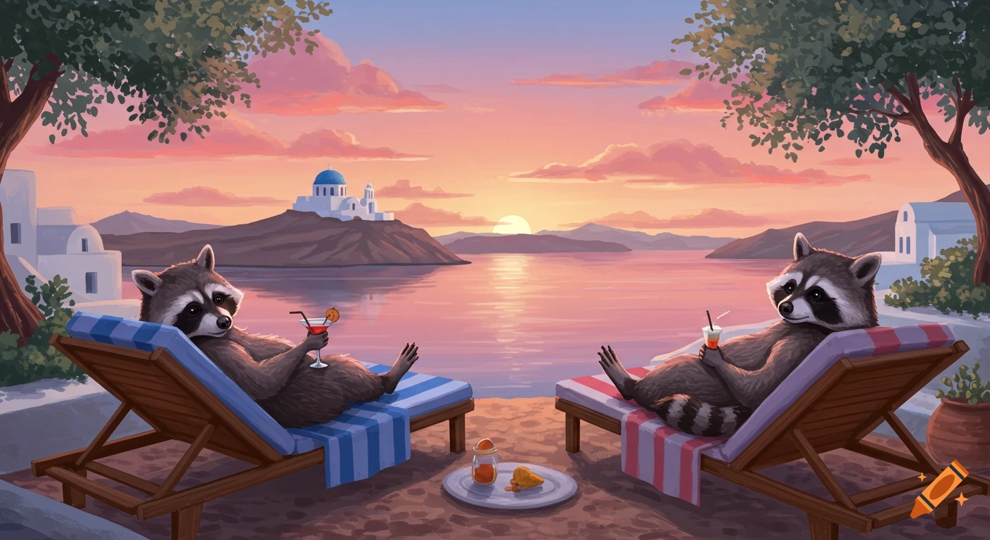 Illustration of two raccoons relaxing on sun loungers on a beach overlooking a Greek island with a blue and white church at sunset.