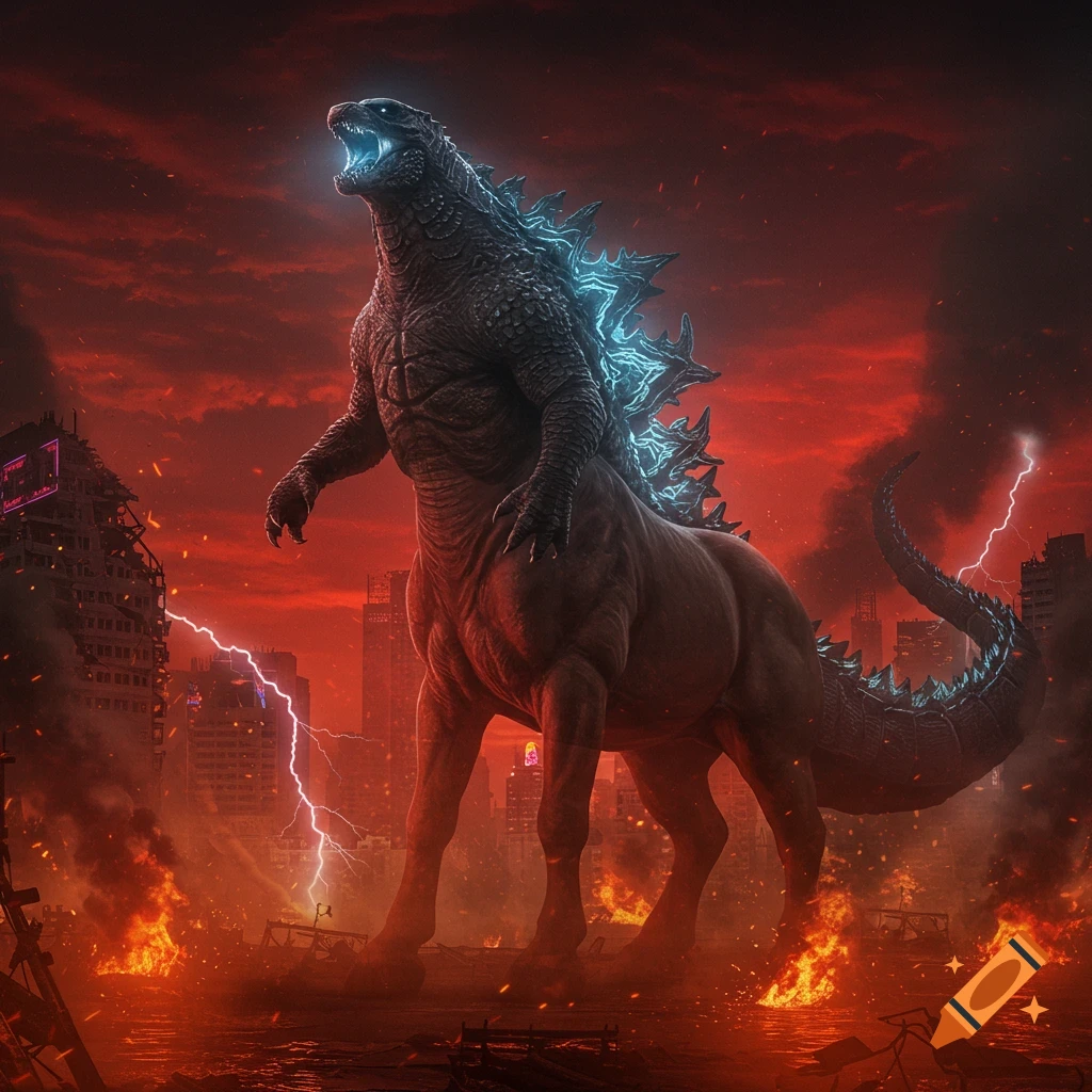 Photorealistic image of a centaur-like Godzilla roaring in a destroyed city under a fiery red sky with lightning.