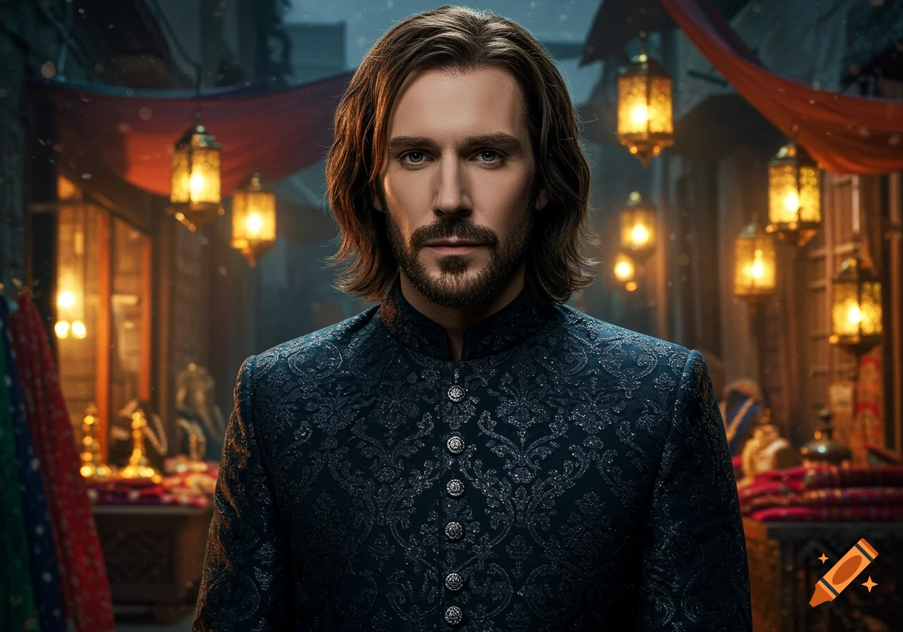 Photorealistic portrait of a man with long dark hair and beard, wearing an ornate dark blue jacket, standing in a market street with glowing lanterns.