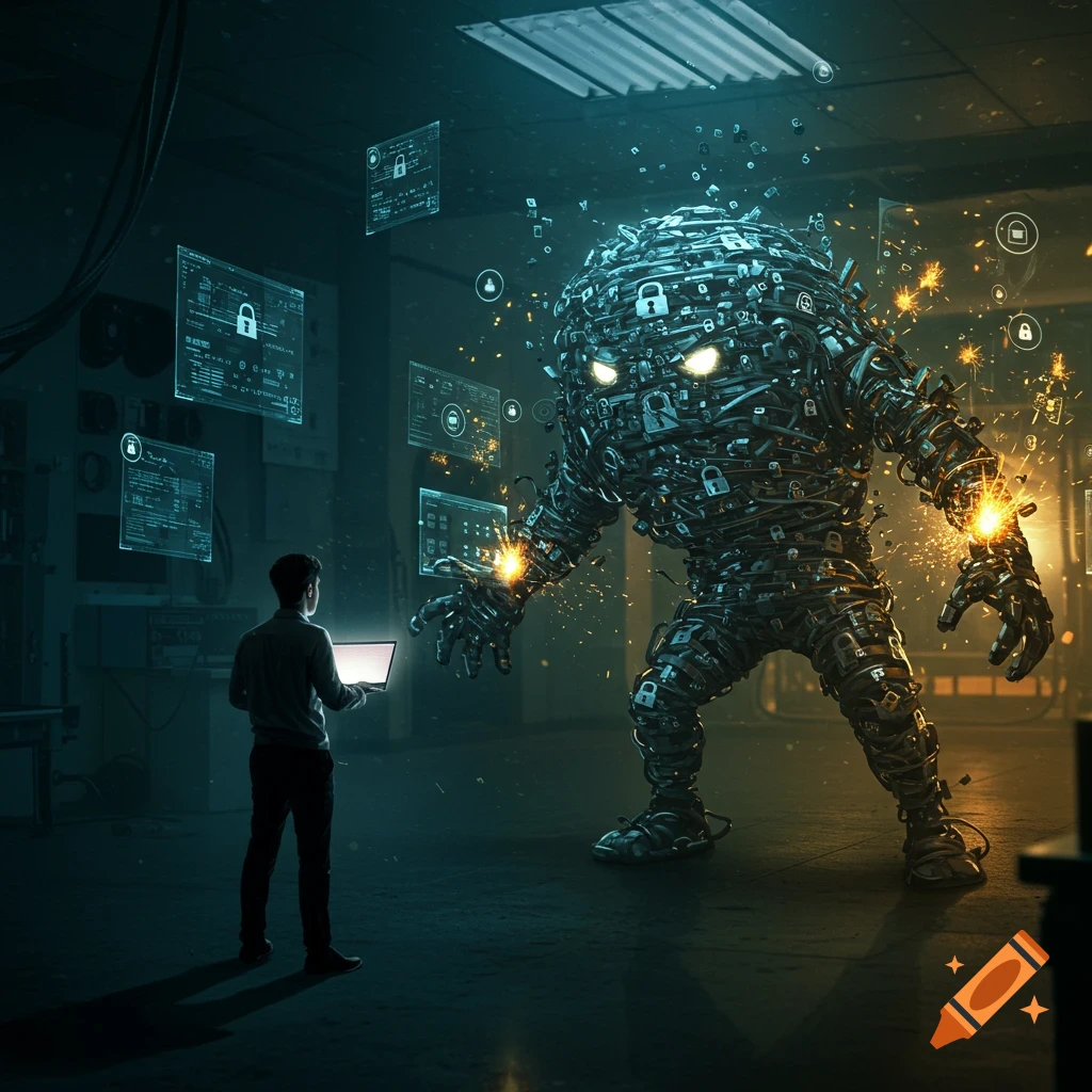 A person with a laptop faces a towering monster made of intertwined cables and locks, with glowing eyes and sparks, in a dark, tech-filled room with floating holographic screens.