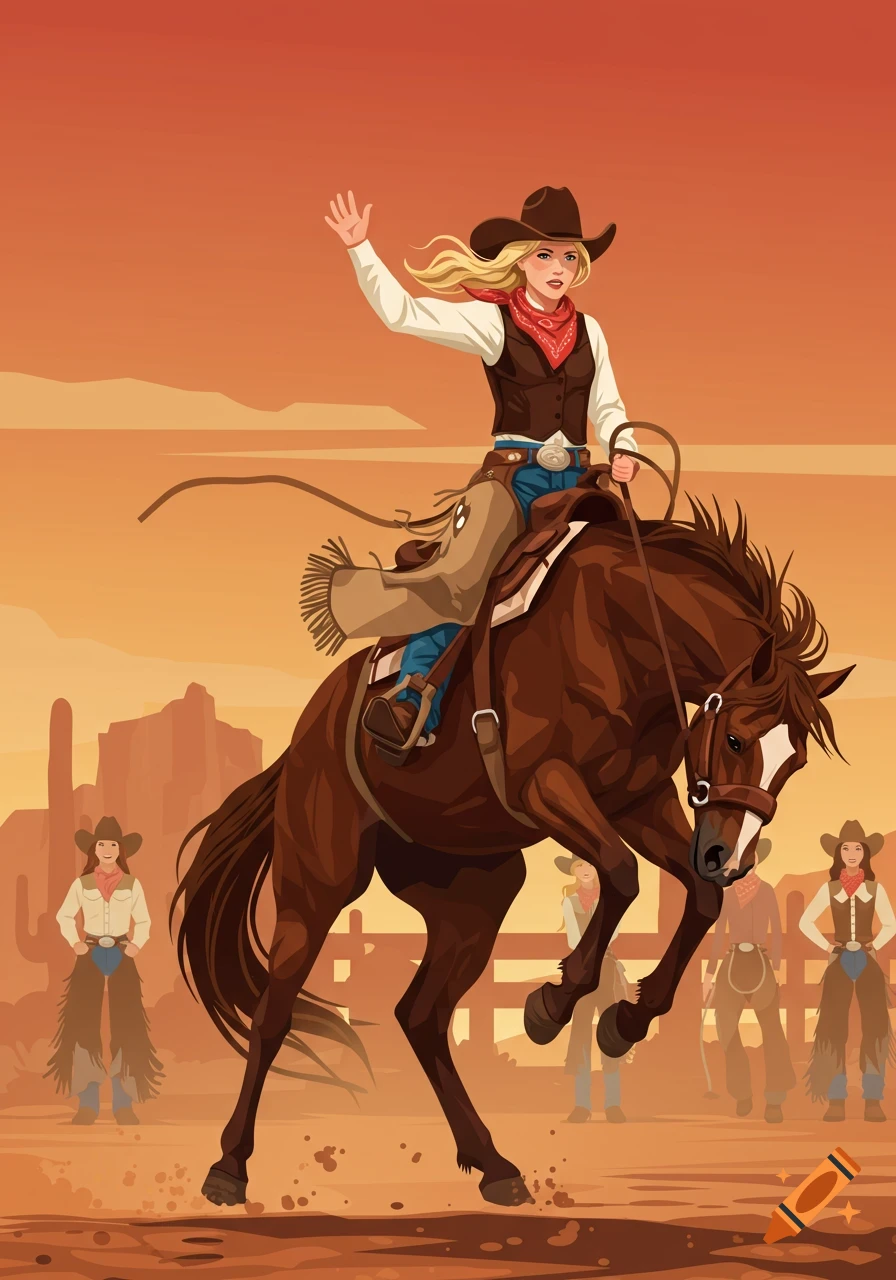Illustration of a blonde cowgirl on a bucking horse with other cowgirls in a western desert landscape.