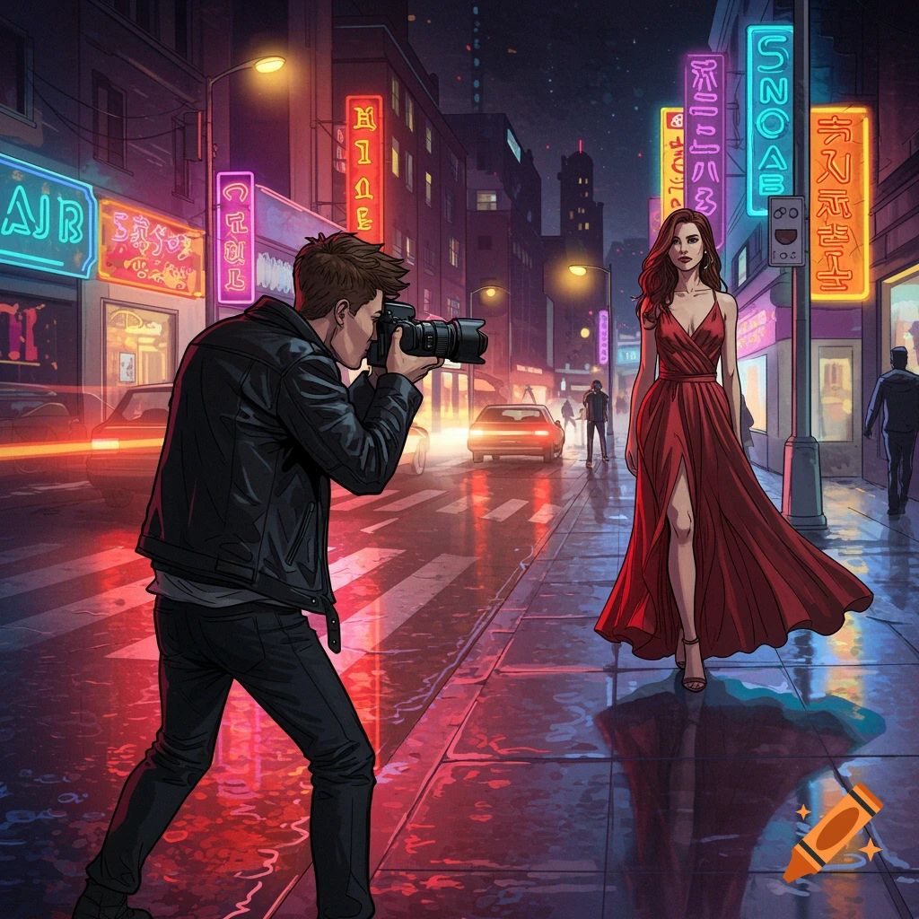 A male photographer in a leather jacket photographs a woman in a red dress on a neon-lit city street at night in graphic novel style.