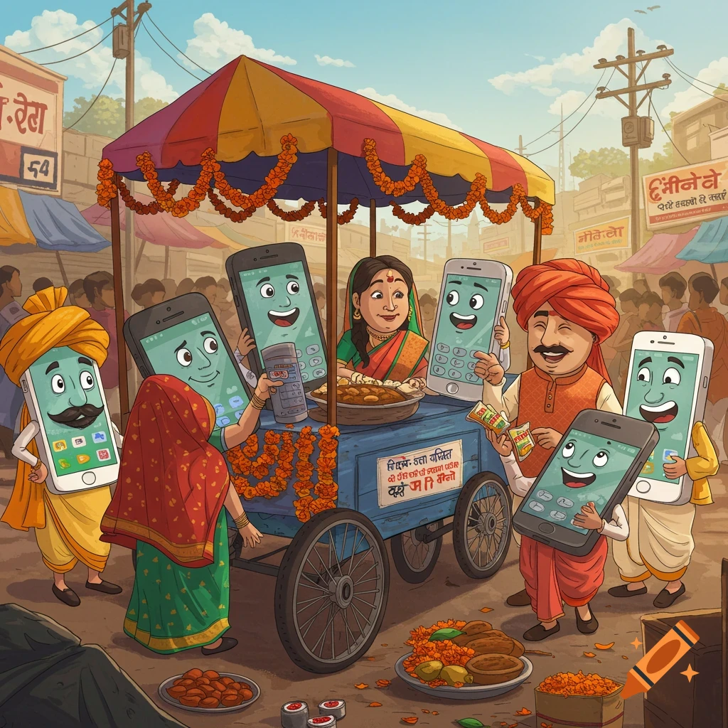A colorful cartoon illustration of anthropomorphic smartphones interacting with people at a bustling Indian market stall, celebrating prepaid mobile business.
