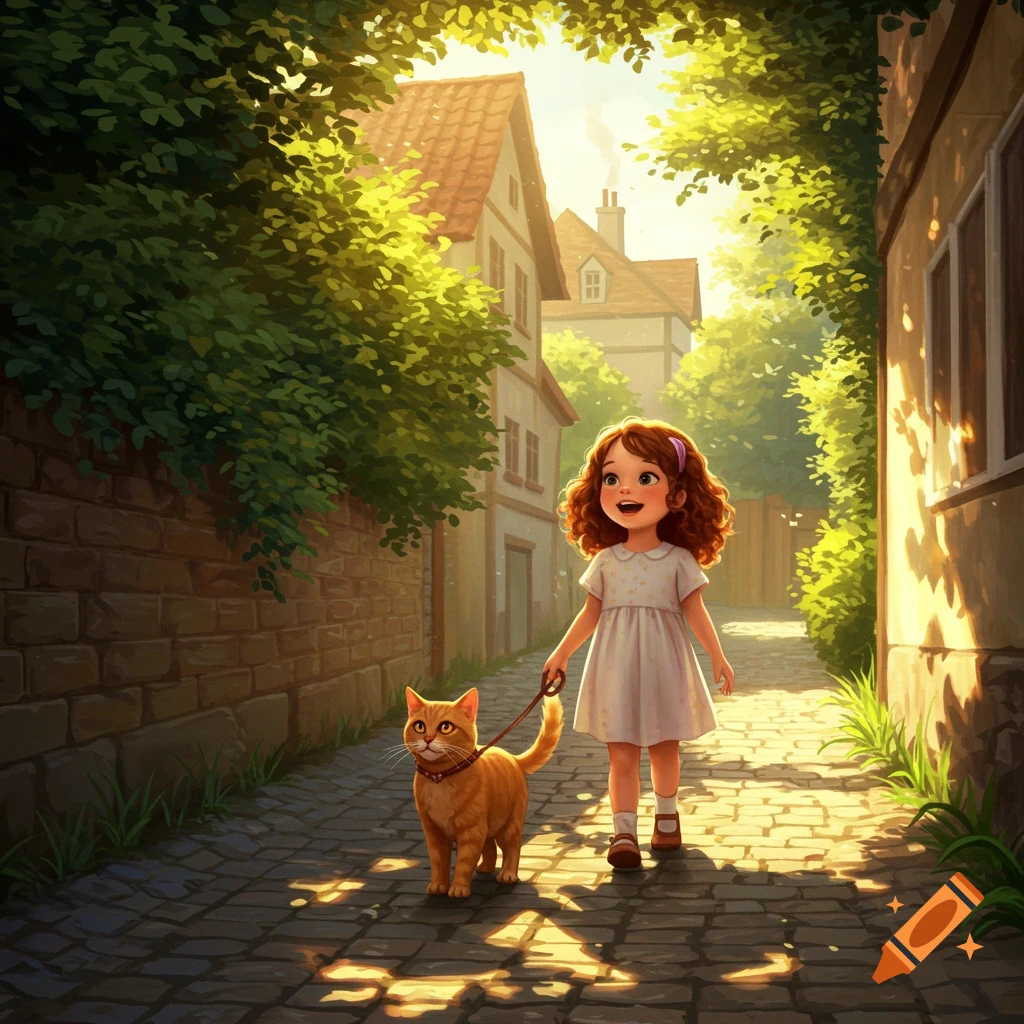 A happy little girl walks a ginger cat on a leash down a sunny cobblestone street lined with buildings and green trees.
