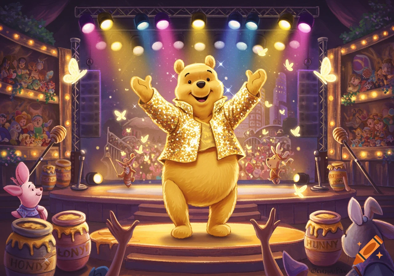 Winnie the Pooh in a gold glitter jacket performs on a bright stage with Piglet, Roo, and Eeyore, surrounded by spotlights and butterflies.