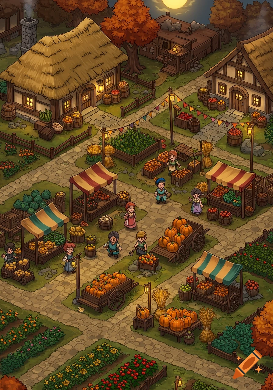 Isometric view of an autumnal village market at night. Villagers, market stalls, and pumpkins in a charming video game art style.