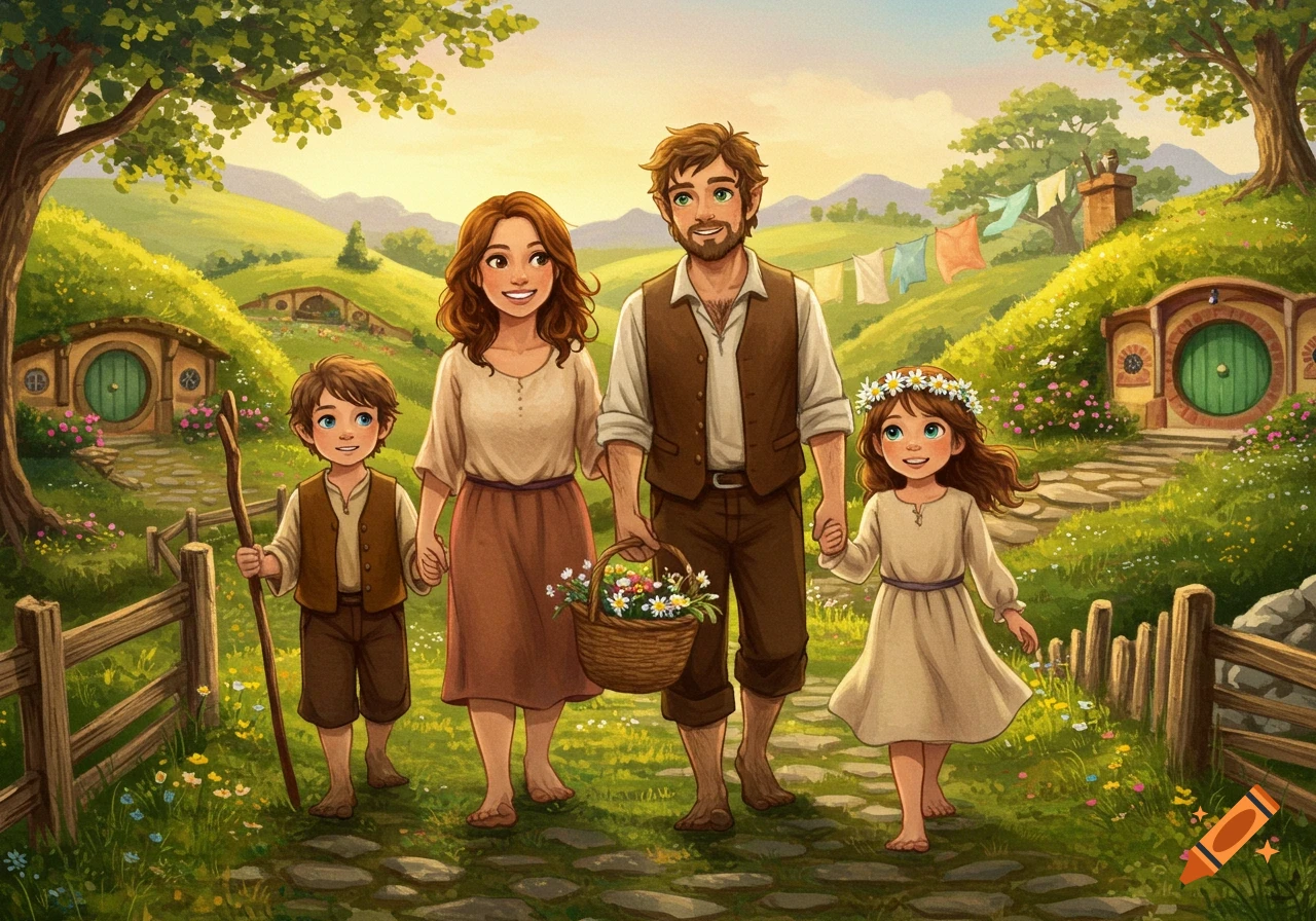 A happy family of four, resembling hobbits, walks barefoot down a stone path through a sunny, green Shire landscape with hobbit holes.