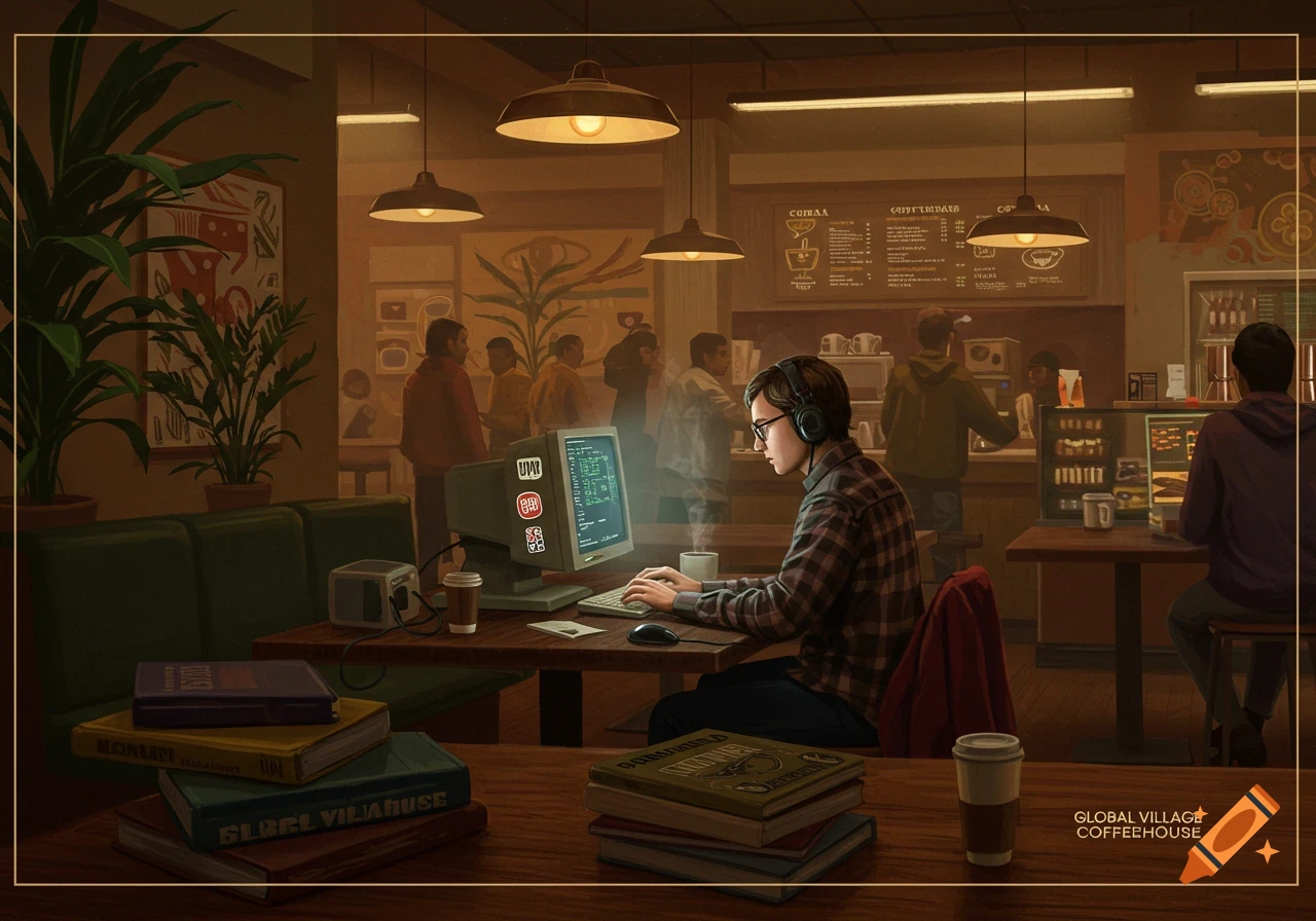 A 90s style digital illustration of a hacker with headphones working on an old desktop computer in a dimly lit coffeehouse. Books and coffee cups are on the tables, and other patrons are in the background.