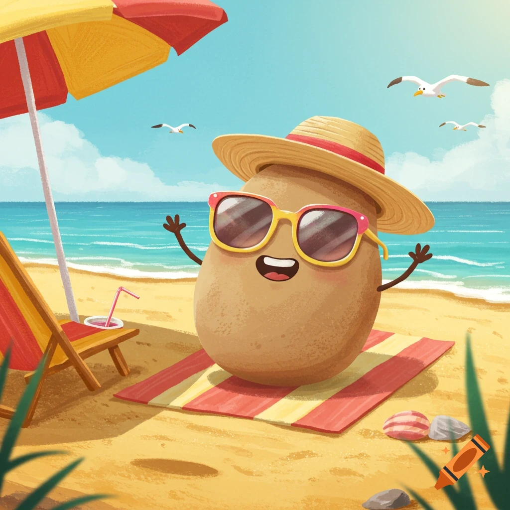 A cheerful cartoon potato in a straw hat and sunglasses relaxes on a striped towel at a sunny beach.