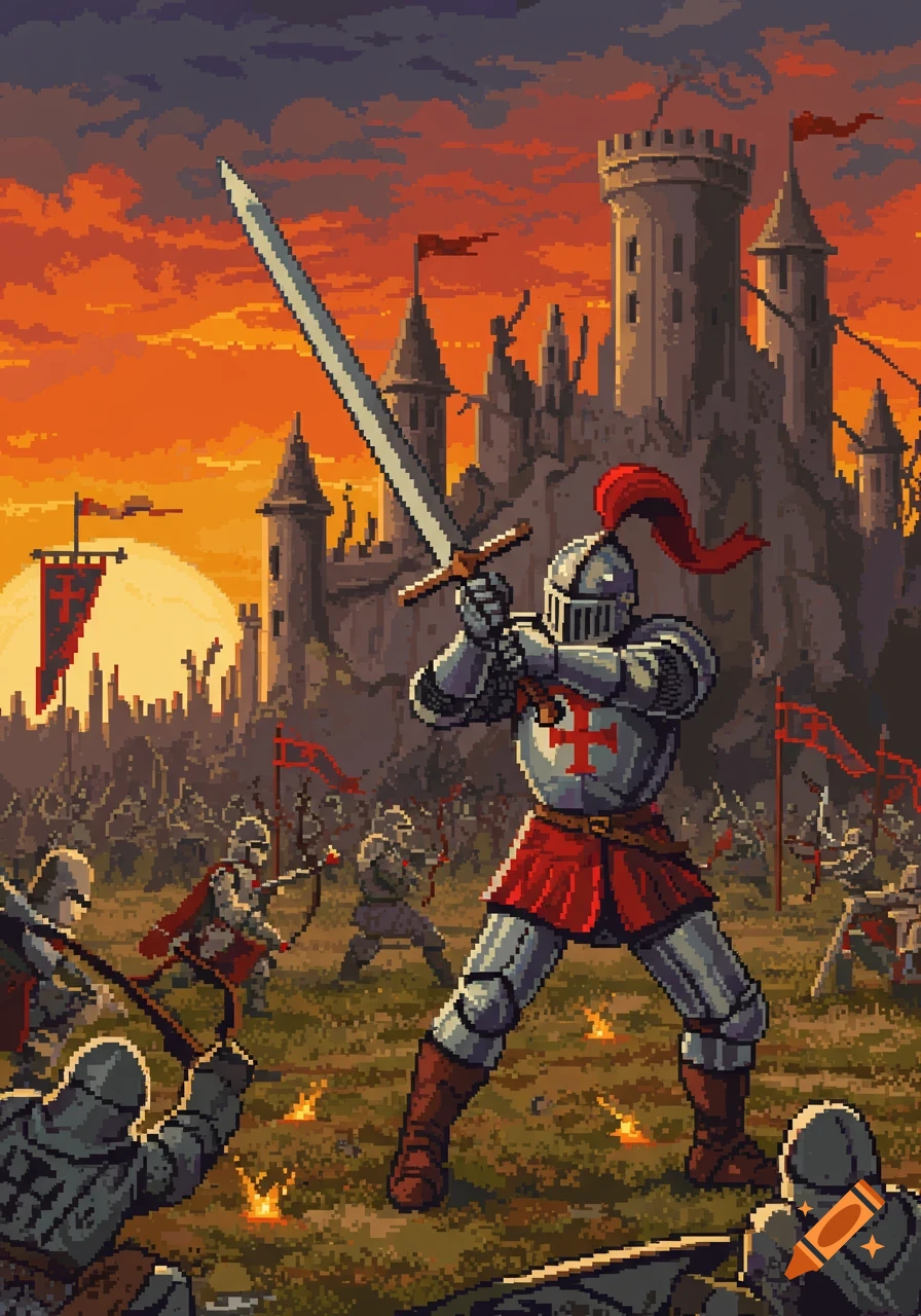 16-bit pixel art of a medieval knight battle at sunset, with a castle in the background.