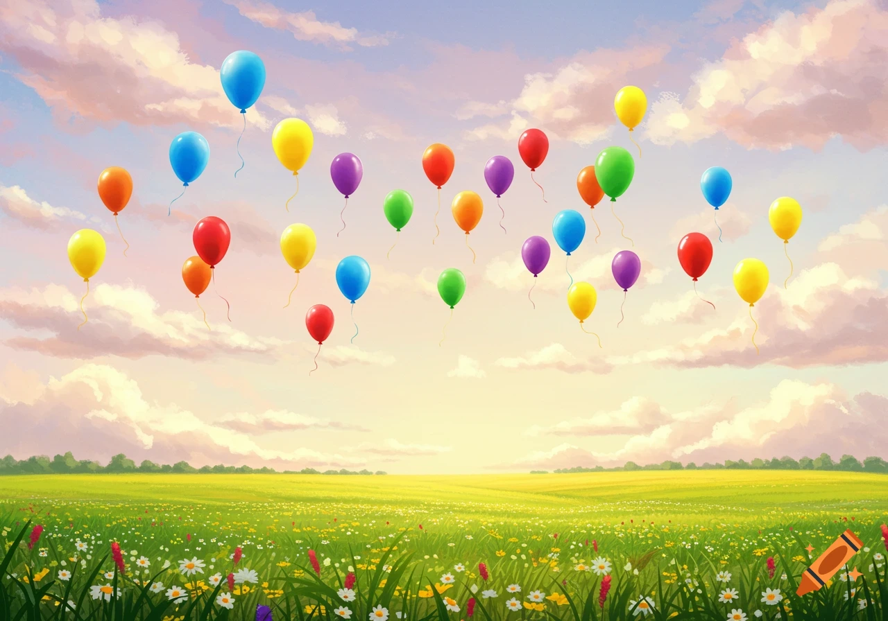 Numerous colorful balloons float over a vast green field filled with wildflowers under a bright, cloudy sky at sunrise.