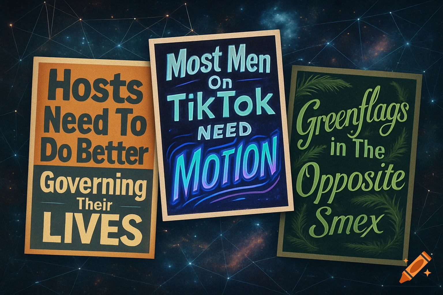 Three illustrated posters against a dark, networked space background. Posters read: 'Hosts Need To Do Better Governing Their LIVES', 'Most Men On TikTok NEED MOTION', 'Greenflags in The Opposite Smex'.
