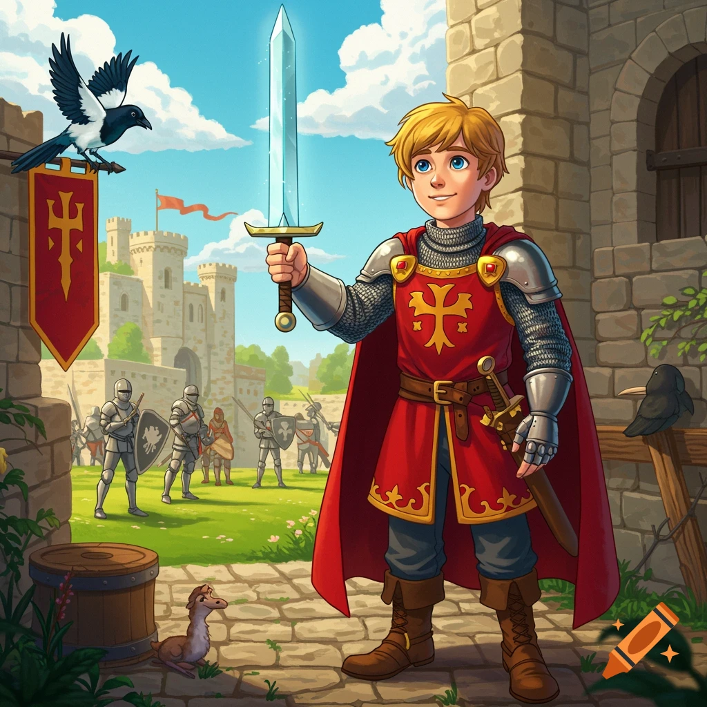 Cartoon of a young knight holding a sword in front of a castle, with other knights in the background.
