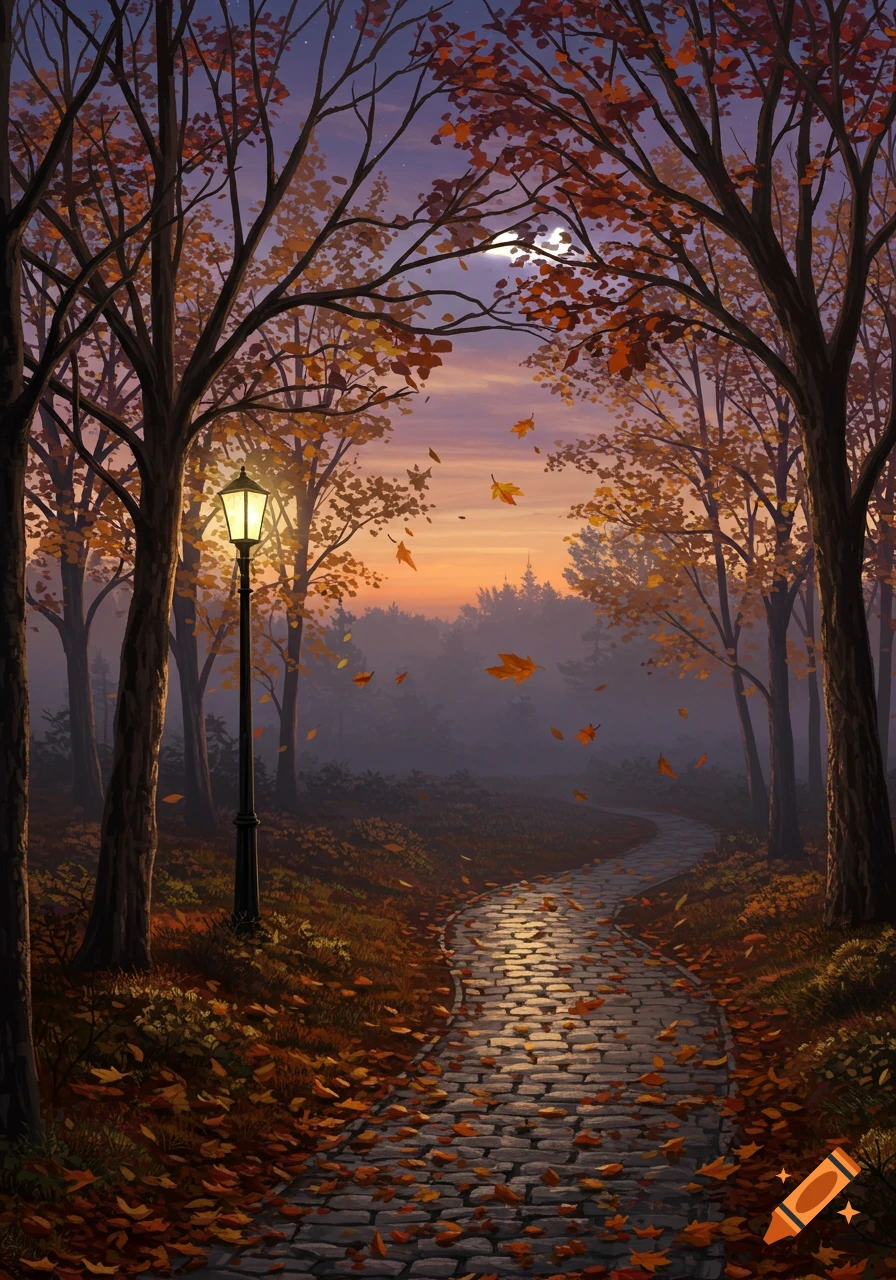 A moonlit cobblestone path winds through a misty autumnal forest, lined with trees ablaze in orange leaves, illuminated by a lamppost.