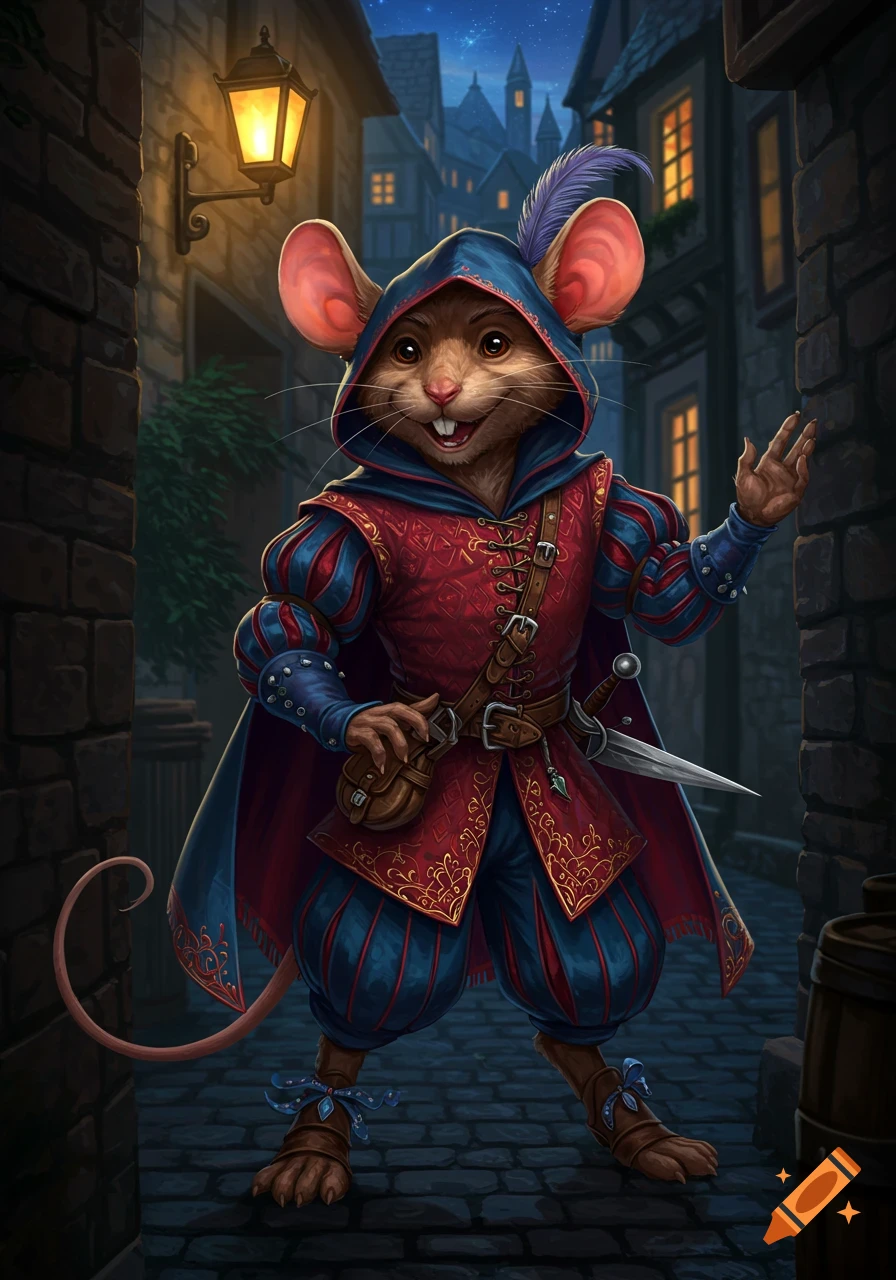A mischievous mousefolk rogue in flamboyant red and blue clothing, holding a dagger, stands in a dark alley at night.