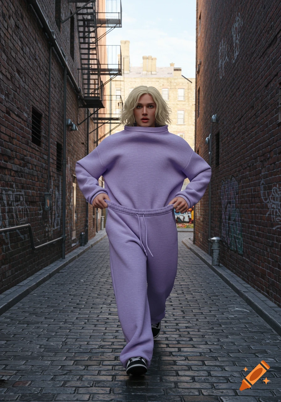 A blonde person in an oversized purple turtleneck sweatshirt and matching sweatpants walks down a cobblestone alley.