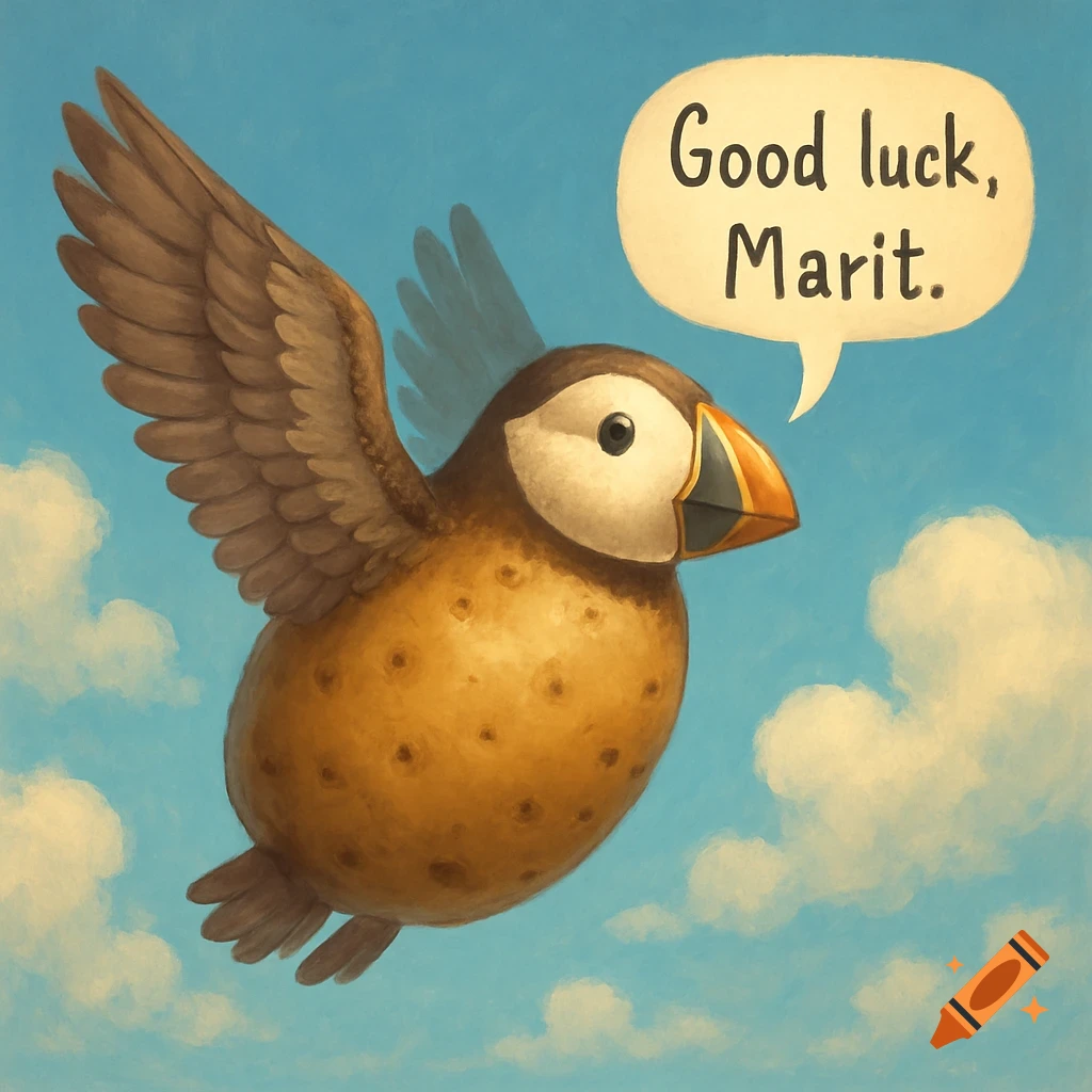 A whimsical puffin with a potato body flies in a blue sky, saying 'Good luck, Marit.'