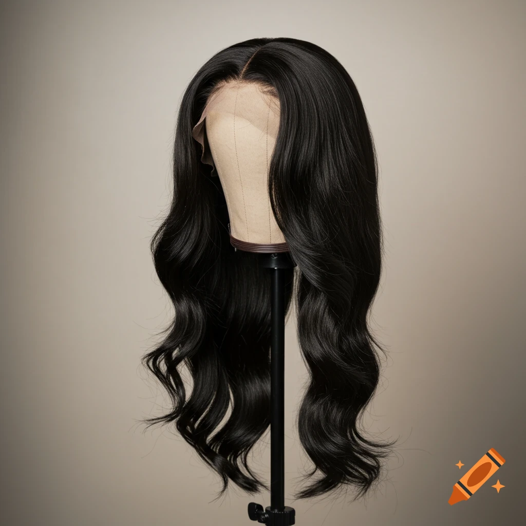 A black lace front body wave wig on a mannequin stand against a neutral background.