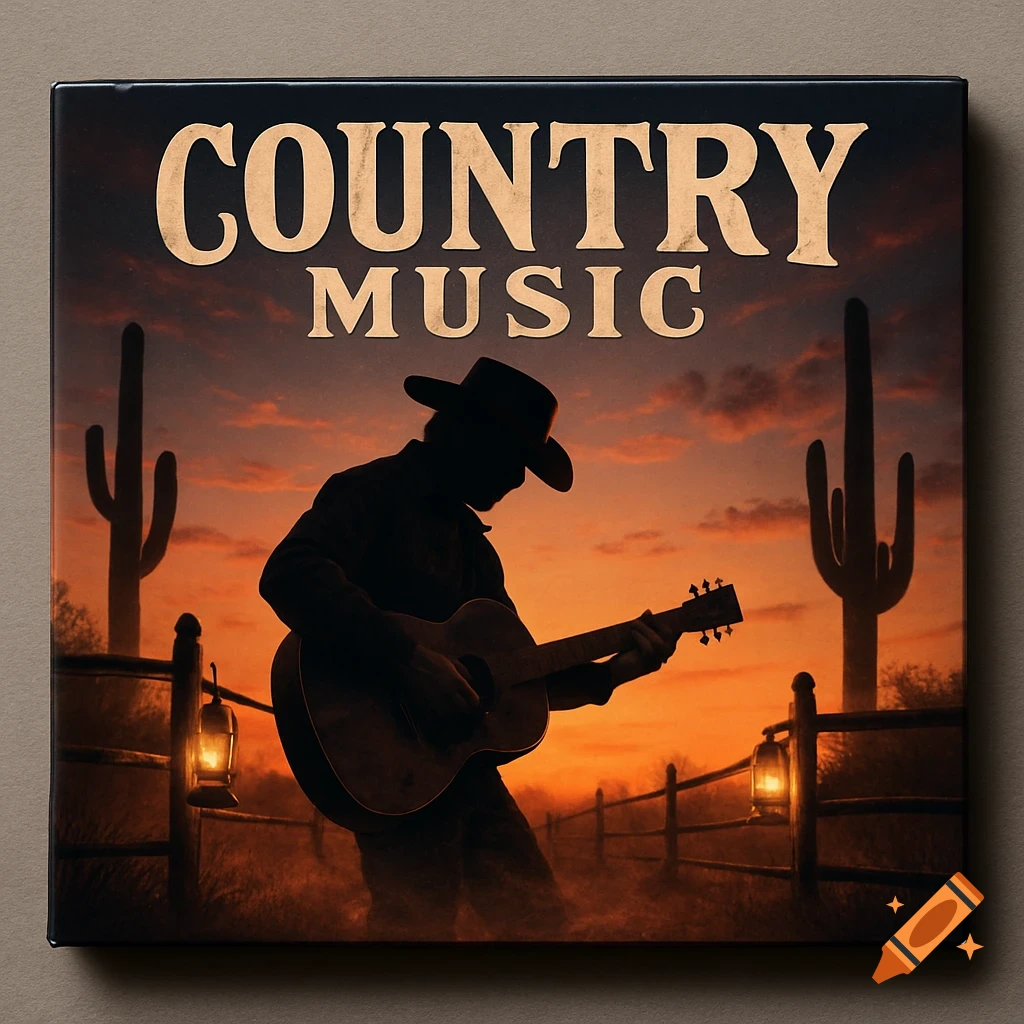 Photorealistic country music album cover with a silhouetted guitarist at sunset in a desert with cacti and a fence, titled 'COUNTRY MUSIC'.