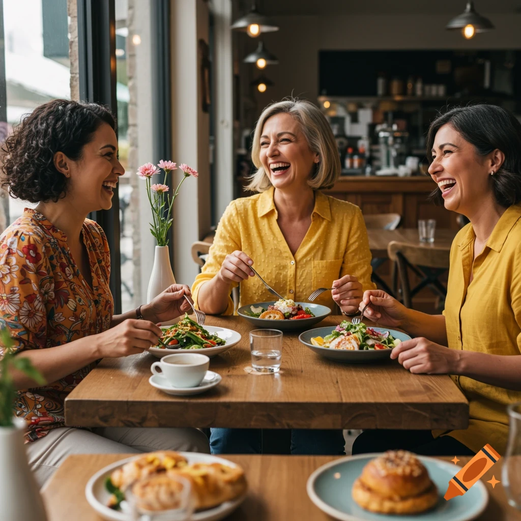Three women laugh while enjoying a meal together at a restaurant table, with salads and coffee.