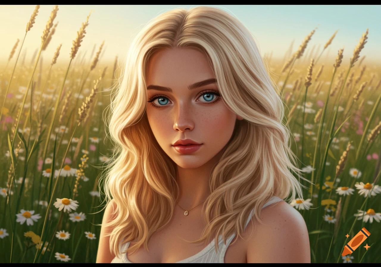 A photorealistic portrait of a young blonde woman with blue eyes and freckles, standing in a sunny field of tall grass and daisies.