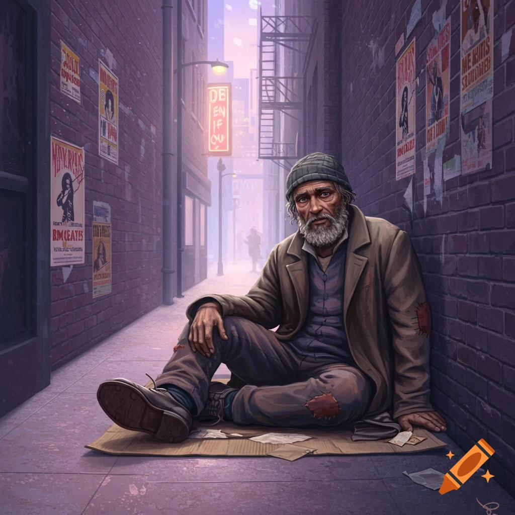 A grizzled homeless man with a white beard sits on cardboard in a dark, brick alleyway, looking directly at the viewer.